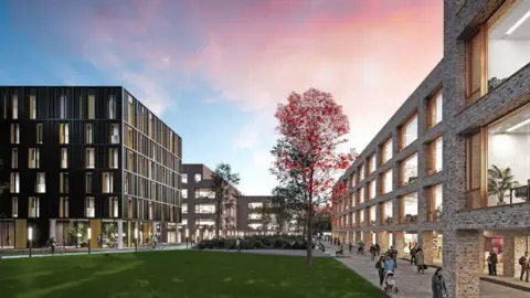 Artist impression of new blocks of flats and offices surrounded by footpaths and greenery.