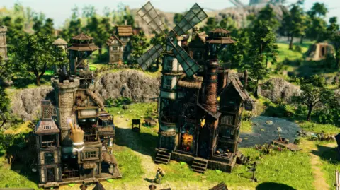 22cans An in-game screenshot from the game Masters of Albion. A hand cursor is hovering over a built up building, next to it is a house with a large windmill. 