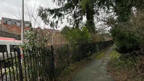 A tarmac path reaches uphill into the distance - it's cracked, mossy, and has trees and bushes encroaching onto it. It's separated from the station by black iron-wrought fencing. To the left of the image you can see part of a grey and red carriage from a Transport for Wales train. The sky is grey and overcast.