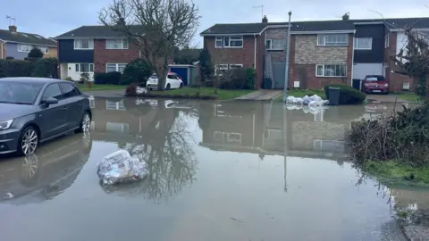 A residential street is flooded. Water can be seen in the road and around a car's tyres. There are bins and rubbish bags on the roads and in the water. There are modern houses in the background with cars parked on driveways.