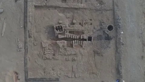 Oxford Archaeology aerial showing a kiln within a Roman mausoleum unearthed at an excavation in Corby in 2020