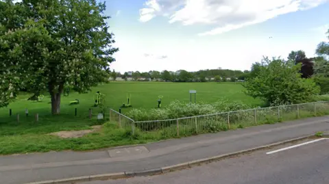 Google street view of the playing field with green grass and green gym equipment 