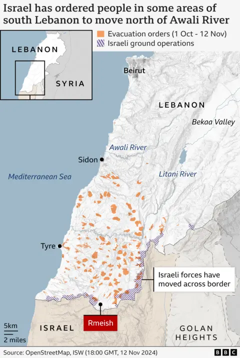 Map showing the areas in Lebanon where Israel has ground operations and also the areas targeted by Israeli evacuation orders. The city of Rmeish, in South Lebanon, is close to a ground operation area, but out of the evacuation orders zone.