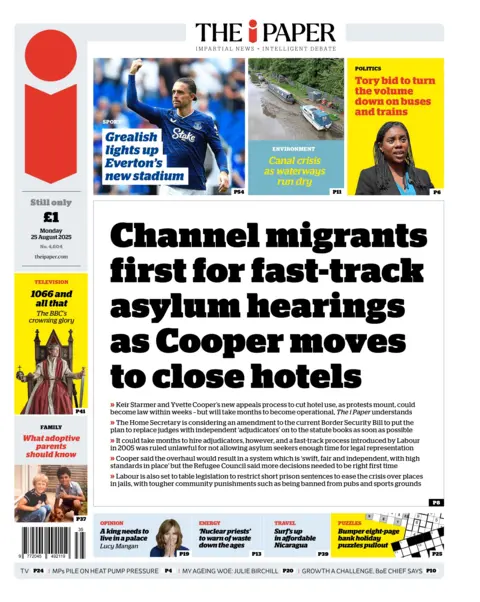 The headline on the front page of the i Paper reads: "Channel migrants first for fast-track asylum hearings as Cooper moves to close hotels". 