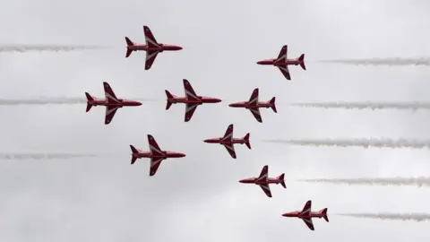 The Red Arrows, photographed mid-flight