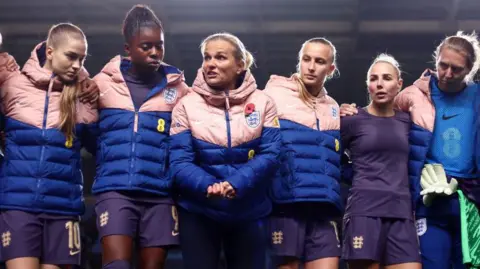 England players in the huddle after full-time