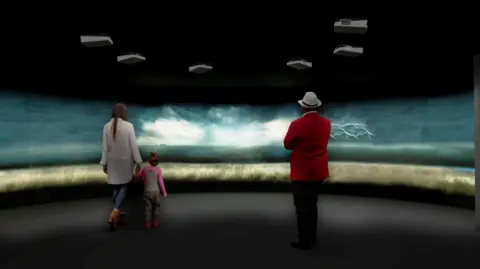 An artist's impression of what the exhibition will look like shows three visitors, a man, woman and child, standing before a round screen as part of an immersive experience. They are looking at an image of a landscape and curators have said the exhibition explores the theme of place.