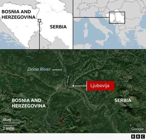 Map showing border between Serbia and Bosnia in Europe, then highlighting detail of Drina River and town of Ljubovija