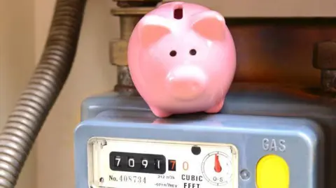 A pink piggy bank on top of a gas meter.