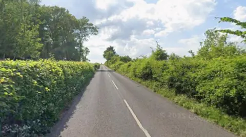 A shot of a country road, lined by hedgerows on either side. 
