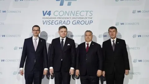 EPA Visegrad leaders (L-R): Polish PM Mateusz Morawiecki, Slovak PM Robert Fico, Hungarian PM Viktor Orban and interim Czech PM Andrej Babis in Budapest, 26 Jan 18