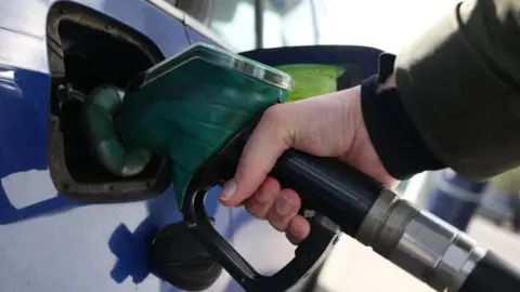 NEIL HALL/EPA/Shutterstock Person filling car with petrol. Image shows a hand holding a green petrol pump nozzle as it fills up a blue car.