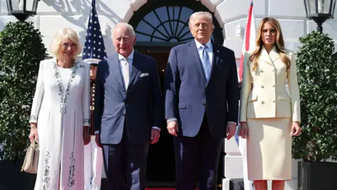 Camilla, Charles, Trump and Melania stand outside the White House.