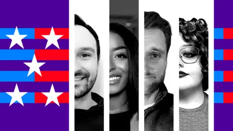 A graphic featuring partial profiles of four American voters who participated in the story. The images are set against a purple background with white stars and blue and red stripes.