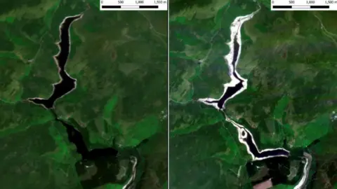 Planet/NCEO/Dr Simon Proud Satellite image of Elan Valley in July 2021, compared with July 2022