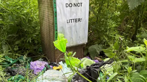 BBC A pile of different coloured dog waste bags sit underneath a "no littering" sign.