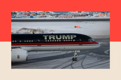 Getty Images An aircraft with 'Trump' at the front lands in Nuuk, Greenland