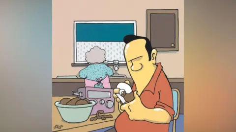 Pete McKee A cartoon-style illustration of a kitchen scene. In the photo, a man sits at the table peeling potatoes while listening to a radio positioned next to him while a woman does the dishes.