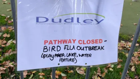 BBC A sign at Mary Stevens Park saying bird flu had been confirmed and warning areas of the park were closed