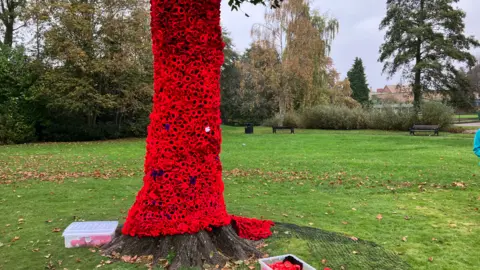 A tree with poppies wrapped round the trunk, with green grass and trees visible in the background