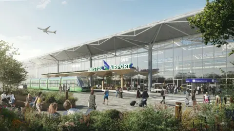 Concept image of Bristol Airport with a new mass transit system. The terminal can be seen behind a platform/stop for a green light rail link. There is a plane in the sky above the terminal and people are walking around the entrance of the building.