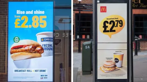 Alamy Split picture showing a Greggs advert in a shop window for a £2.8r breakfast deal and, on the right, a McDonald's advert on a phone box for a £2.79 breakfast deal