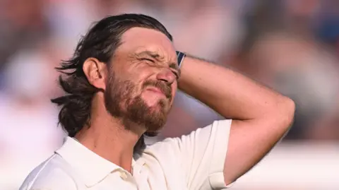 Tommy Fleetwood reacts after a bogey in the Open Championship at Royal Birkdale