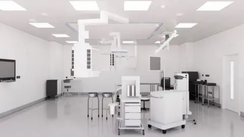 Airedale NHS Foundation Trust The image is a graphic representation of what a clinical area might look like. It is a large, clean space, with equipment and screens hanging from the ceiling, and other hospital equipment in the middle of the room. 