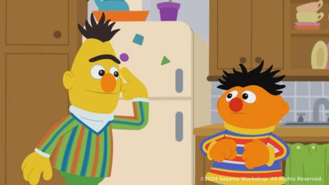 Animated scene from Sesame Street short, showing Bert and Ernie