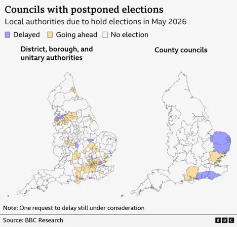 Maps showing the locations of postponed English elections, with the one on the left displaying 25 district, borough and unitary authorities and the map on the right showing four county councils.
