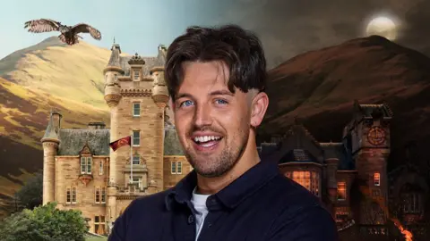 BBC / Studio Lambert Tyler Smith smiling in front of a castle. On his left the castle is set in a bright, sunny background. On his right, the castle is in darkness with an orange glow coming from a fire torch.