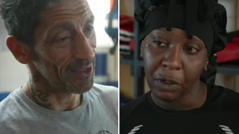 A composite of two images of people at a gym. The woman on the left has a lip piercing and the man on the right has neck tattoos. Both are wearing gym gear. 