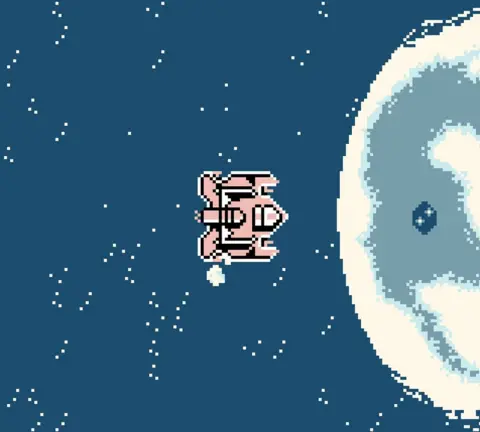 GnomeKing Games A screencapture of a game with a 2D pixel art style. The capture contains a pink spaceship in a blue space background with white stars. The spaceship appears to be heading toward a large white, blue and grey moon. 