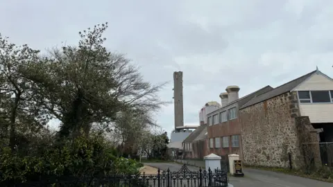 A chimney out of the power station. In the foreground is a tree and a building made of bricks with a series of windows. 