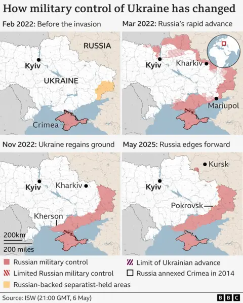 Four maps showing how the situation has changed on the ground since Russia's invasion: from Russia separatists holding territory in Donbas, to Russia taking territory in the north of Ukraine in the first days following the invasion, before being pushed out of the country and restricted to slow territorial gains in the south east.