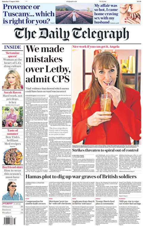 The headline on the front page of the Daily Telegraph reads: "We made mistakes over Letby, admit CPS". It also features an image of Angela Rayner drinking through a straw. 