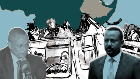 Getty Images / BBC Illustration showing Debretsion Gebremichael and Abiy Ahmed over an illustration of armed fighters in a truck