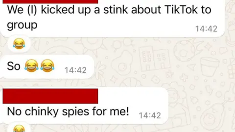  "We (I) kicked up a stink about TikTok to group" with a laughing with tears emoji attached by someone else. The second has two laughing with tears emojis. The final one has something redacted, followed by "No chinky spies for me!". It has a laughing emoji attacked by another recipent.