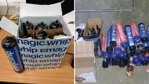 Dorset Police A composite image showing cans of nitrous oxide confiscated by police. The left image shows a Magic Whip box with seven canisters. The image on the right shows a larger pile on the ground with dozens of canisters stacked alongside boxes containing more canisters.