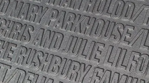 Buttress A number of names on a grey plate. The names are written in capital letters. 