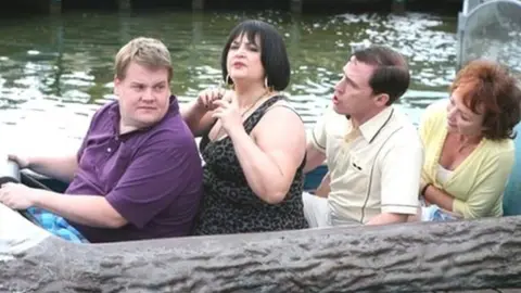 BBC James Corden as Smithy, Ruth Jones as Nessa, Rob Brydon as Bryn and Melanie Walters as Gwen on the Barry Island log flume in Gavin and Stacey