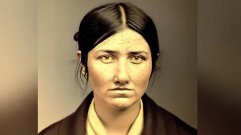 An AI image of a woman with dark hair looking at the camera. She has golden coloured eyes and her hair is tied back, with some strands loose by her ears. Her skin is slightly marked and she has a sombre expression.