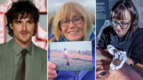 Three images: Jacob Elordi at the Wuthering Heights premiere; a woman holds a photograph of herself skiing as a teenager; a historian holds a round object while looking at a portrait painting