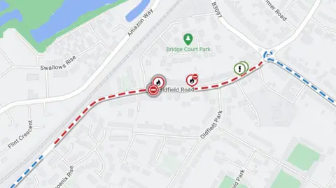 Causeway one.network A map with a dotted red line on Oldfield Road. The map is mostly grey with roads marked in white