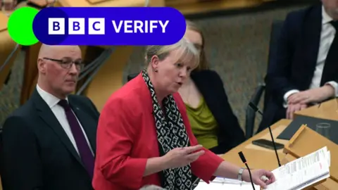 Finance Secretary Shona Robison stands in the Holyrood chamber wearing a red blouse and black and white scarf