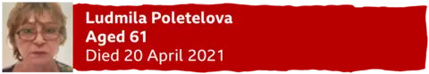 A banner with a photo of Ludmila Poletelova reading "aged 61, died 20 April 2021"