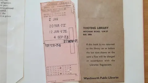 Wandsworth Libraries Library sleeve with previous borrowed showing dates up to February 1974