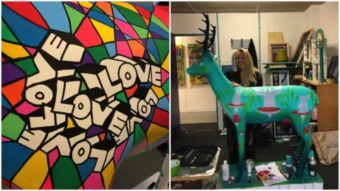 Oliver Jamin and Luna Lotus Colourful design saying "Love" and artist with picture with her green reindeer