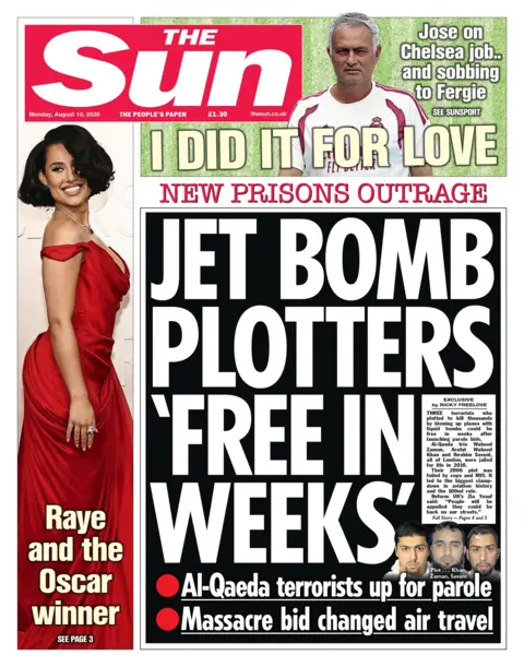 "Jet bomb plotters 'free in weeks': New prisons outrage," reads the headline on the front page of the Sun.