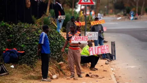 Getty Images Job seekers wait on the side of a road holding placards reading their specialisation in Johannesburg.